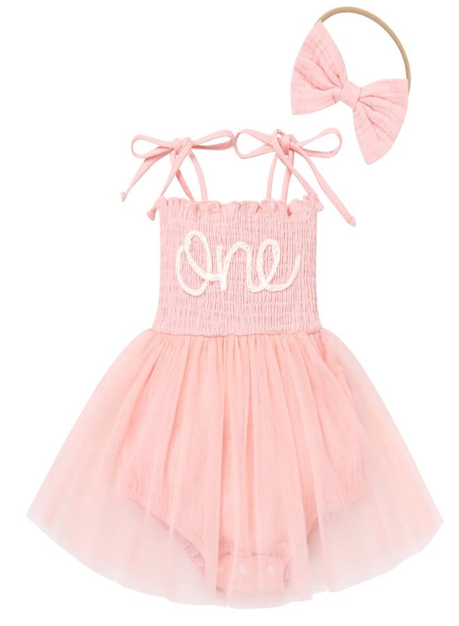 ODOLDI Baby Girls 1st Birthday Outfit Spaghetti Straps Romper Tutu Dress Headband One Year Old Party Cake Smash Photoshoot Outfits Light Pink 12-18 Months - Image 1
